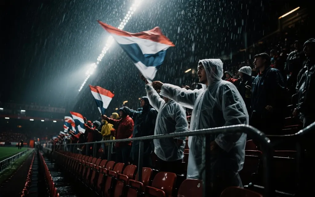 雨天看台上的球迷穿雨衣挥舞旗帜，灯光与雨幕形成强对比，纪实摄影感